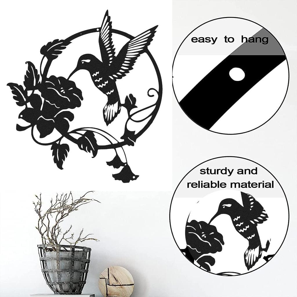 CHIUIN Metal Bird Wall Art Decor Garden Living Room Decor Metal Bird Wall Silhouette Hummingbird Flower Wall Art Hanging Decoration Gift (10in,Black)