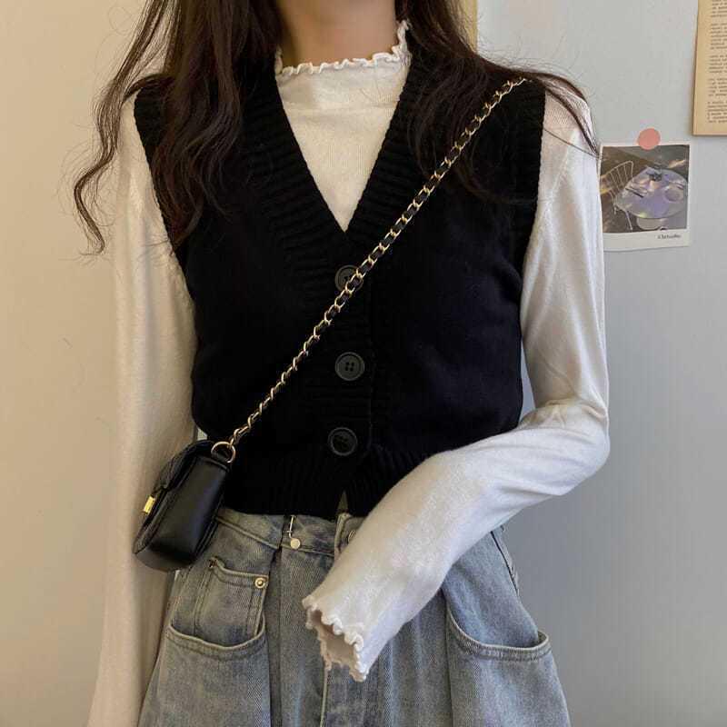 Korean-Style V-Neck Knit Vest for Women - Autumn/Winter Collection