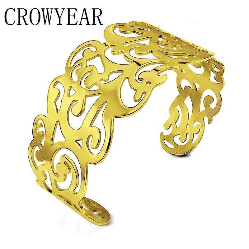 Adjustable Stainless Steel Hollow Arm Cuff Bangles Unisex Gold Silver Leaf Cuff Bracelets Trendy Jewelry for Women Men