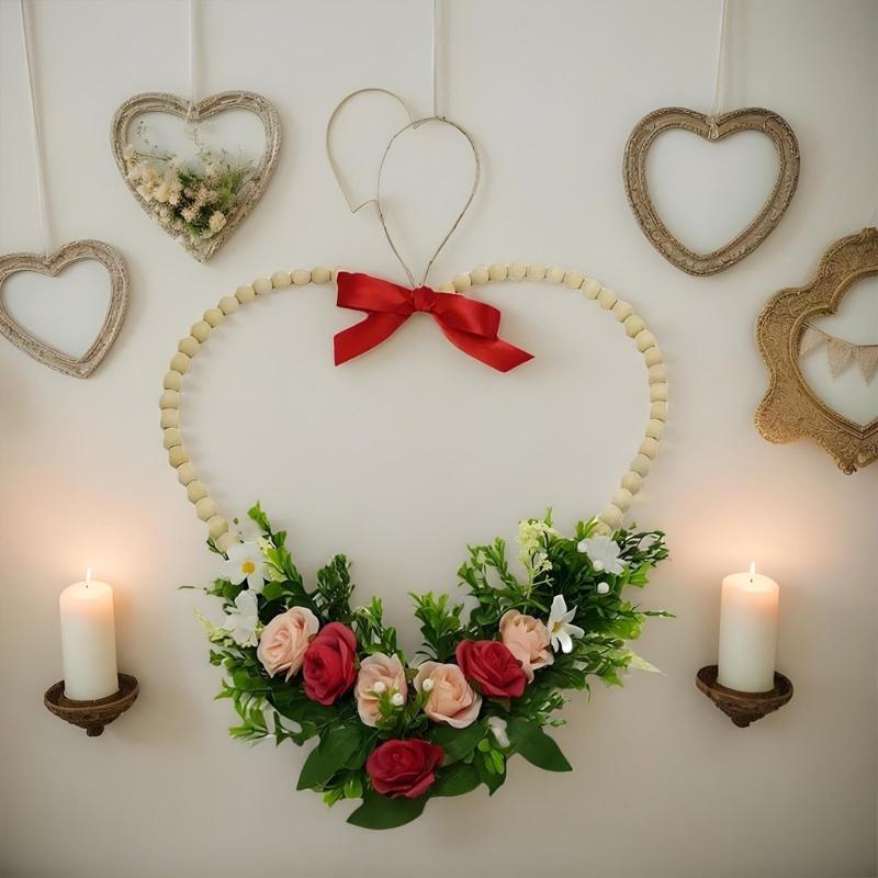 Romance Valentine's Day Heart Shape Wreath with Wood Beads Frame Red Ribbon and Simulated Flower for Festival Home Decors Measuring 36cm Wide 37cm