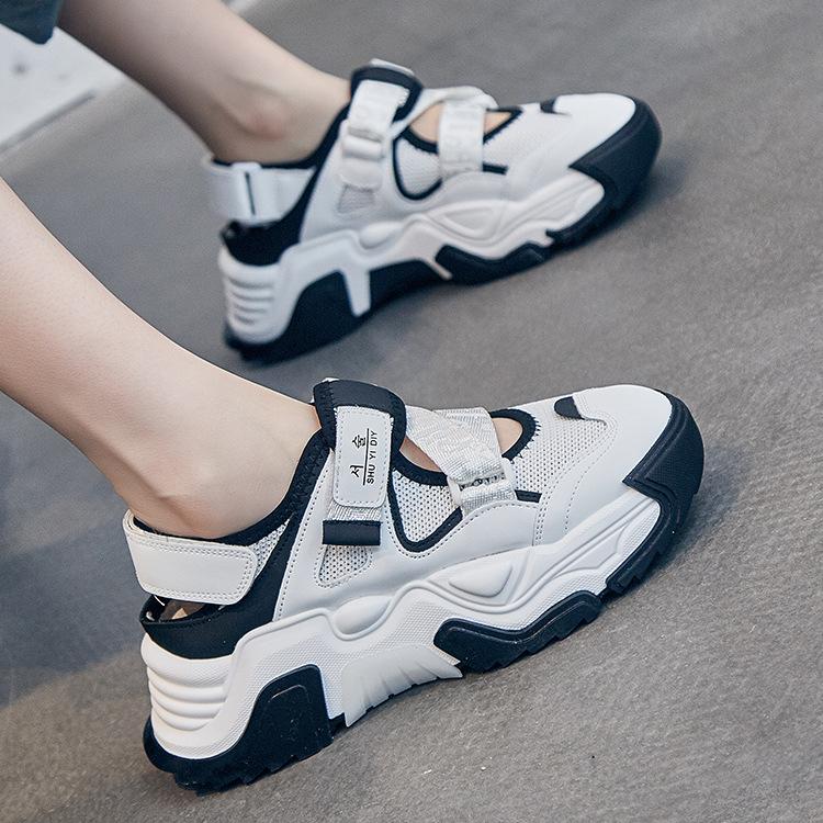 New Spring and Summer Sports Shoes Suction Film Sole Single Mesh Breathable Hollow Dad Shoes Thick Sole Velcro Leather Women's Shoes