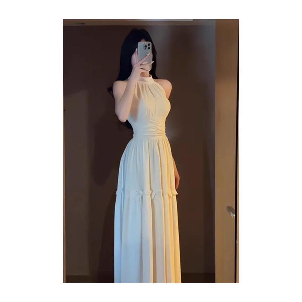 White suspender neck dress women's summer French retro temperament high-end design dress long dress