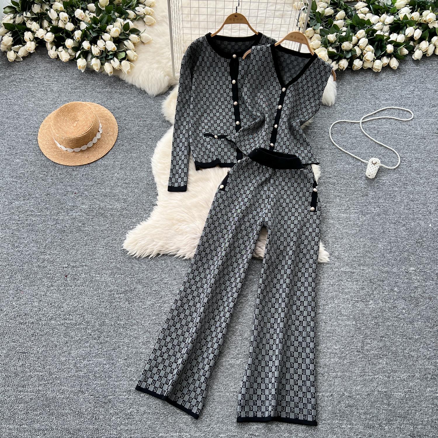 

Осень-зима винтажный брендовый дизайнерский принт вязаный свитер брюки комплект из 3 предметов женский спортивный костюм однобортное пальто жилет брюки длиной до щиколотки наряды One Size чёрный