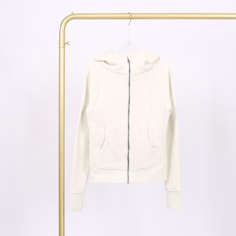 LULU Embossed Slim Fit Full Zip Fleece Hoodie - Gold Logo & Zipper, Casual Yoga Wear.