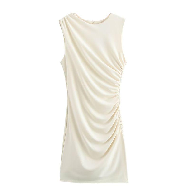 

Zbzr Spring New Women clothes Western Style Multi-Color Selection Pleat round Neck Sleeveless Short Dress 3067260 Ben White L