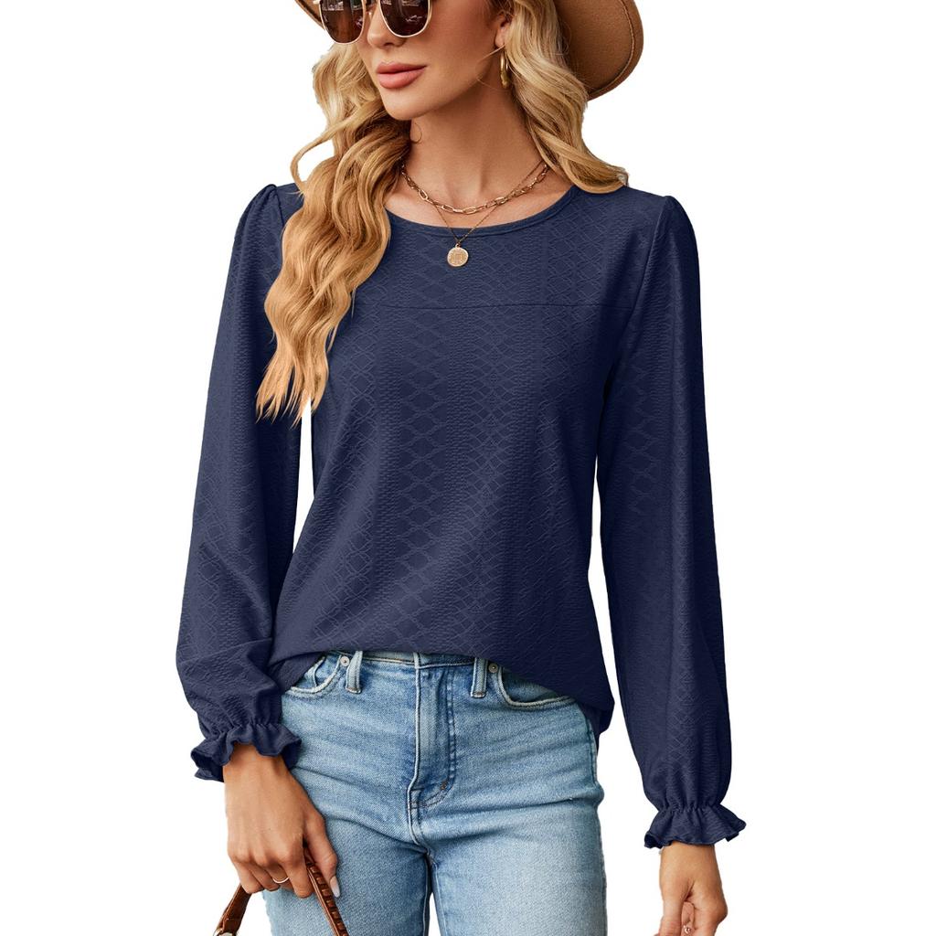 Fall Winter Women's Loose Crew Neck Long Sleeve Patchwork T-shirt Top European American Style Cross-border Casual Wear