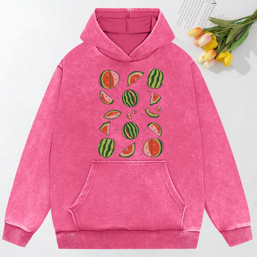 Delicious Watermelon Cut Open  Print Washed Sweatshirt Pullover Autumn Cotton Hoodies Casual Oversized Womenwear