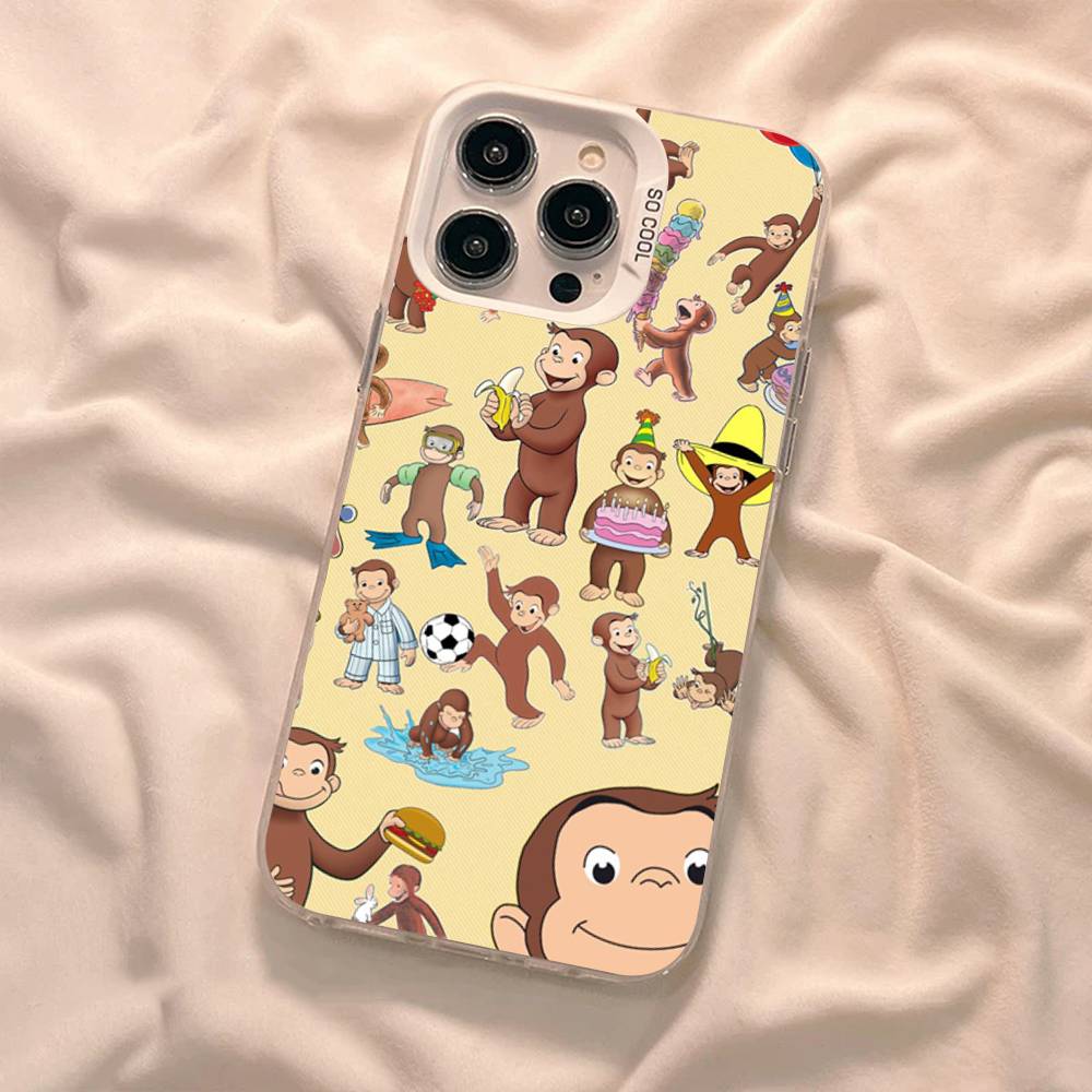 Curious G-George Monkey Phone Case For iPhone 17 Air 16 15 14 11 12 13 Pro Max Plus X XR XS Colored Silver Hard Cover