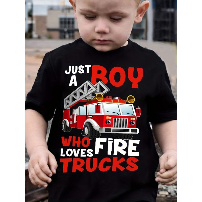 

European sizes Children Summer Boys Trendy T-Shirt Featuring The Phrase Just A Boy Who Loves Fire Trucks with a Cool Fire Truck Graphic, Perfect 98cm