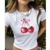 Cherry Bow Print T-Shirt Short Sleeve Crew Neck Casual Top For Summer Spring, Unisex's Clothing Unisexs T-Shirt  Cute