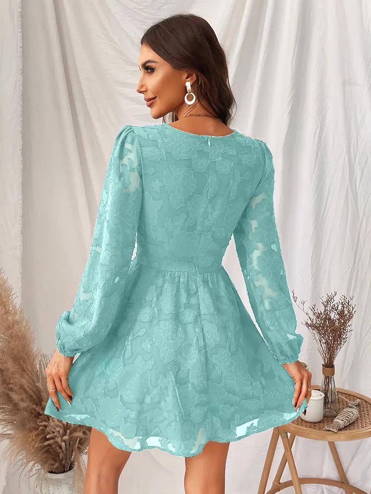 Women's Low-Cut A-Line Green Mini Dress with Long Sleeves - Sexy Party Wear for Spring & Autumn 2023.