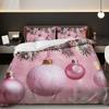 3-teiliges rosa Weihnachtskugel-Bettwäscheset - Festliches Feiertagsdesign mit goldenen Kugeln & Schneeflocken, Atmungsaktives Polyester