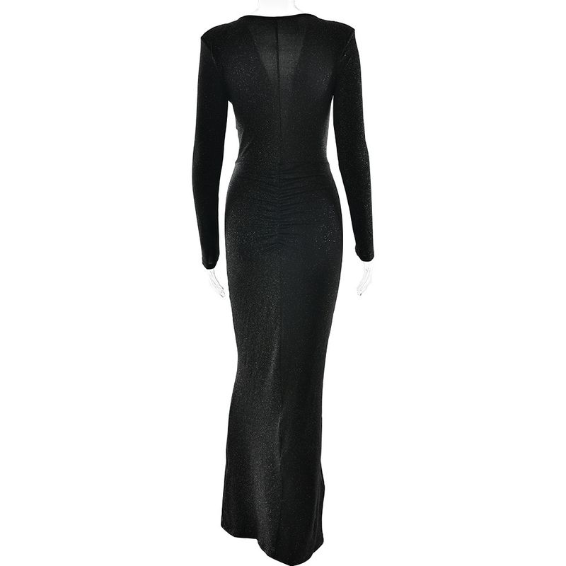 

Western Style Ins New Fashion Deep V-neck Ribbon Long dress Sexy Gyaru Split Slim fit Pleated Dress Women Black S