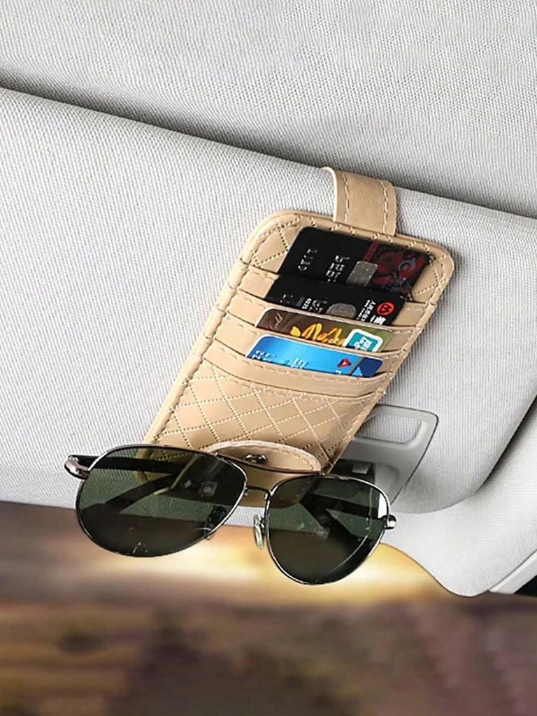 1Pc Car Sun Visor PU Leather Organizer - Multifunctional Sunglasses & Card Holder, Velcro Design, Universal Fit.