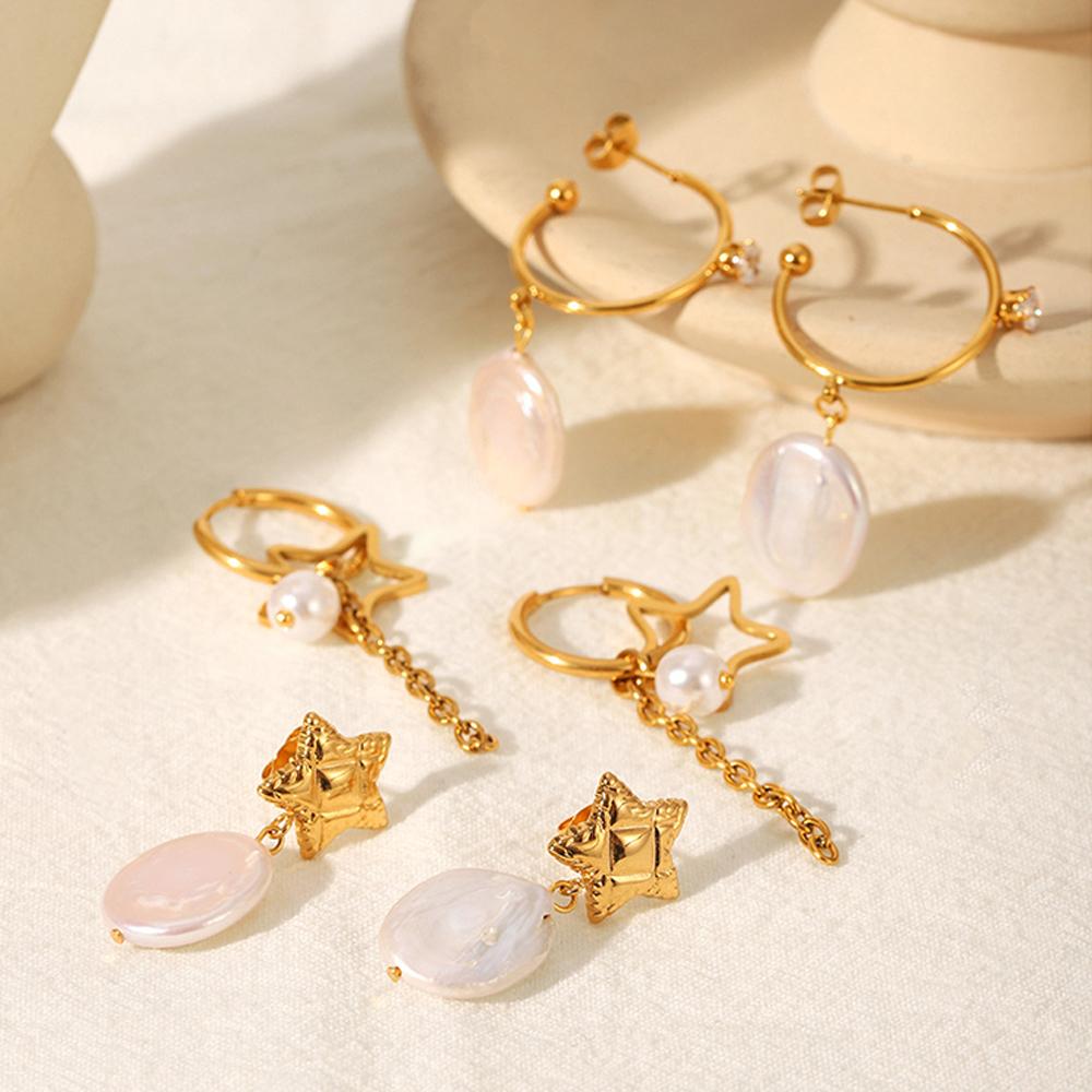Vintage Stainless Steel Gold Color Star Drop Earrings for Women Elegant Pearl Dangle Earring Long Chain Tassel Geometric Zircon