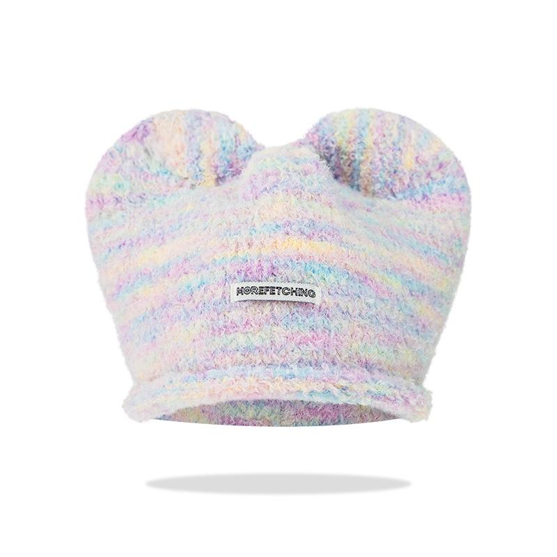 Korean version of Mickey ears mixed thread knitted hat cute versatile autumn and winter warm ear protection hat showing face small wool hat spot