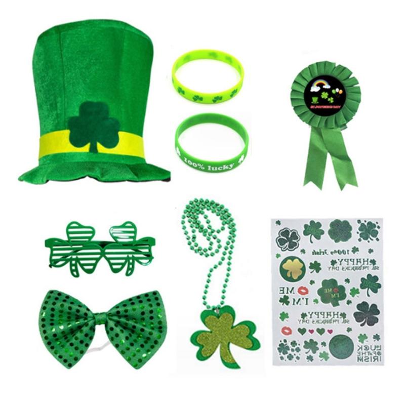 

St Patrick Day Green Costume Accessories Shamrock Hat Wristband Irish National Day Celebration Party Props Supply 8PCS 1 зелёный