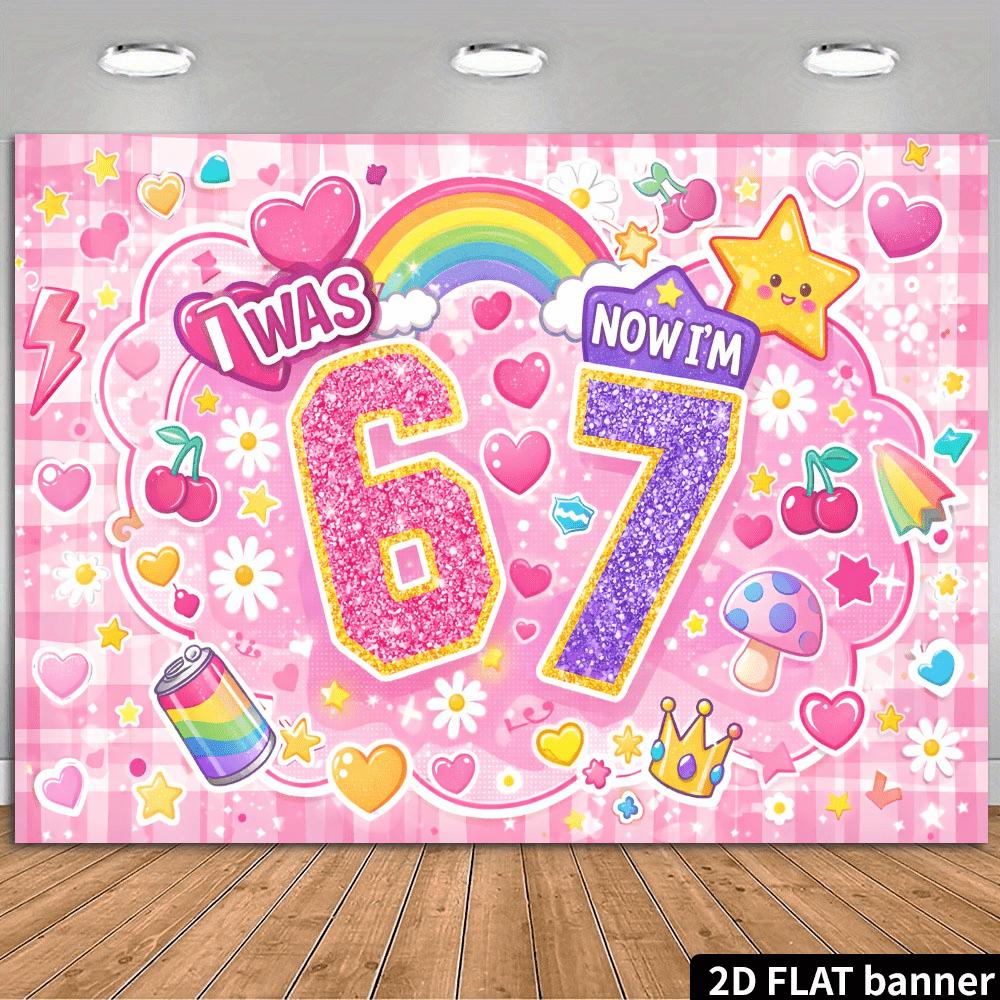 2D plane, 6 rotations, 7-year-old birthday party backdrop fabric, pink and purple glittering powder theme, polyester material