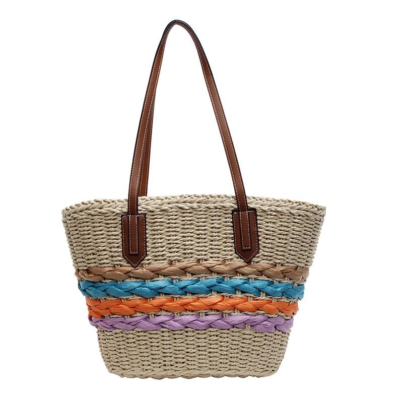 One Shoulder Straw Woven Bag New Rainbow Striped Straw Woven Bag Vacation Beach Bag Versatile Women's Bag