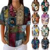 Womens Casual Short Sleeve Retro Floral Print Waffle Knit Polo Shirt Lightweight Button Down Top