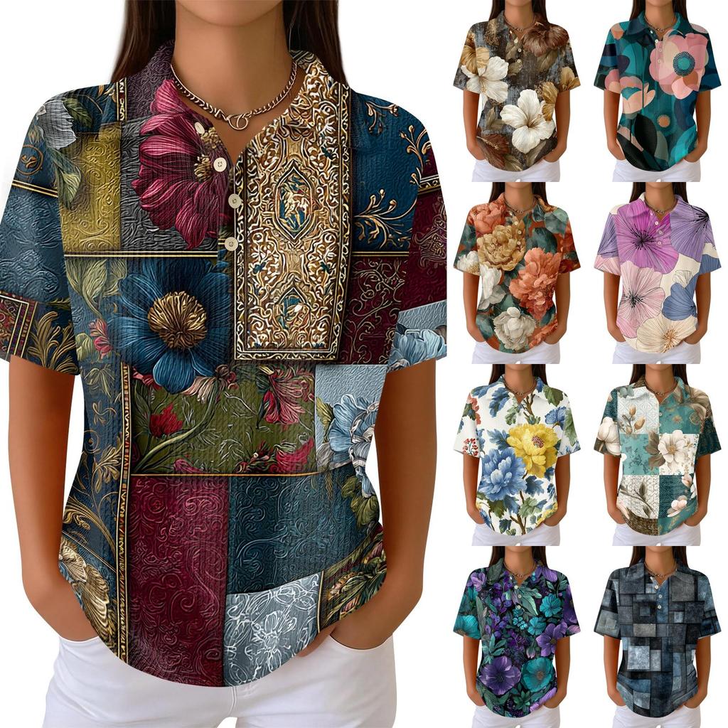 Womens Casual Short Sleeve Retro Floral Print Waffle Knit Polo Shirt Lightweight Button Down Top