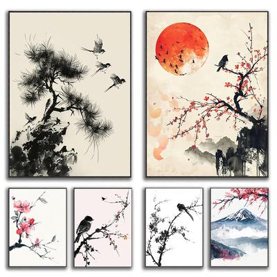 Pósters y Láminas de Pintura a Tinta Estilo Asiático Oriental Minimalista Impresión en Lienzo Arte de Pared para Sala de Estar Decoración del Hogar