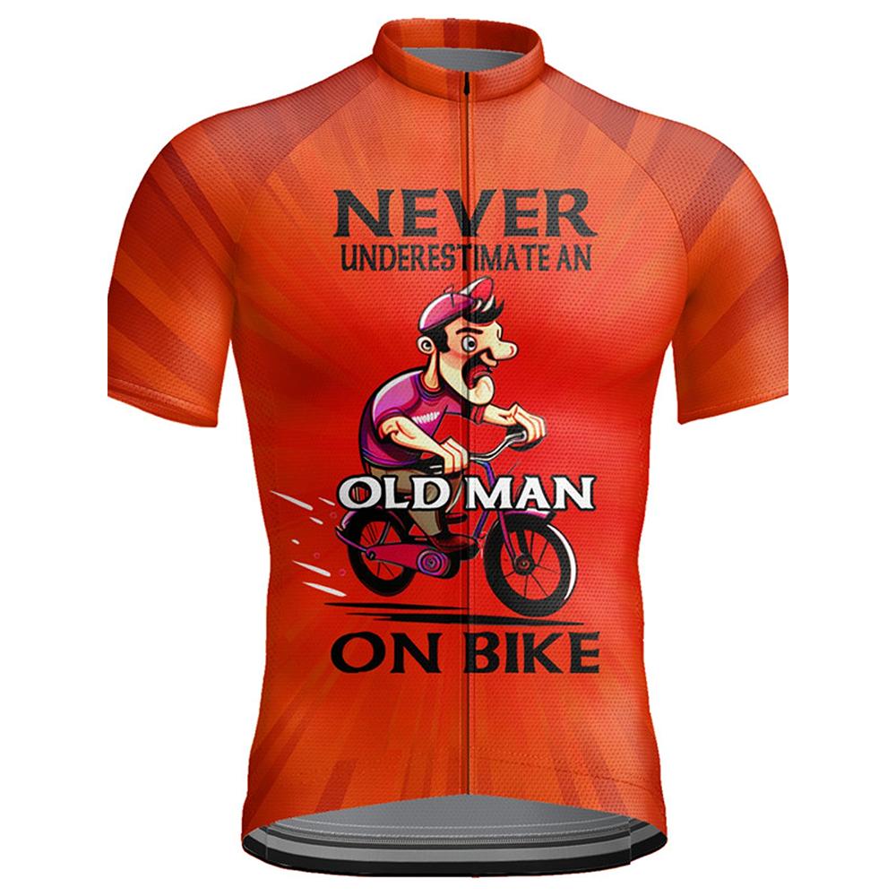Herren Blaues Radtrikot mit Grafik "Unterschätze niemals einen alten Mann auf einem Fahrrad" - Kurzarm, Reißverschluss, Schnelltrocknend, Sonnenschützende Outdoor-Sportbekleidu