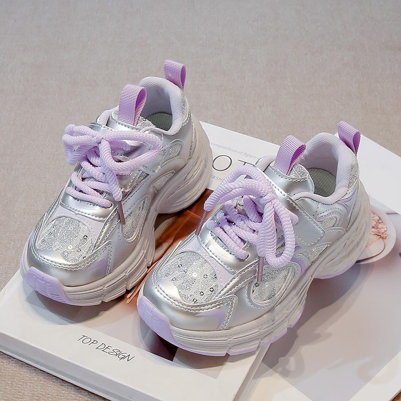 

Кроссовки для девочек Шнуровка Блестки Студенческие Беговые туфли Липучка 2025 Новые Детские Спортивные туфли Принцесса Стиль Ins Трендовые Нескользящие Мягкие 26 фиолетовый
