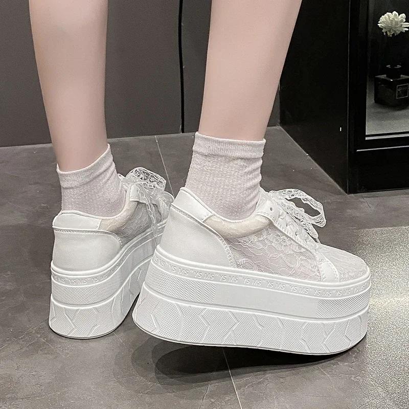 Fashion New 7.5CM Thick Soled Air Mesh Genuine Leather Mesh Breathable Hollow Casual Sneaker Platform Flats White Shoes for Women Summer