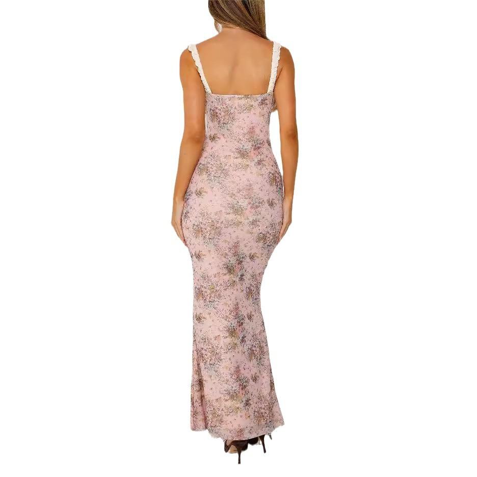 European and American sexy women's new spaghetti strap dress, floral sleeveless long dress, one-step dress