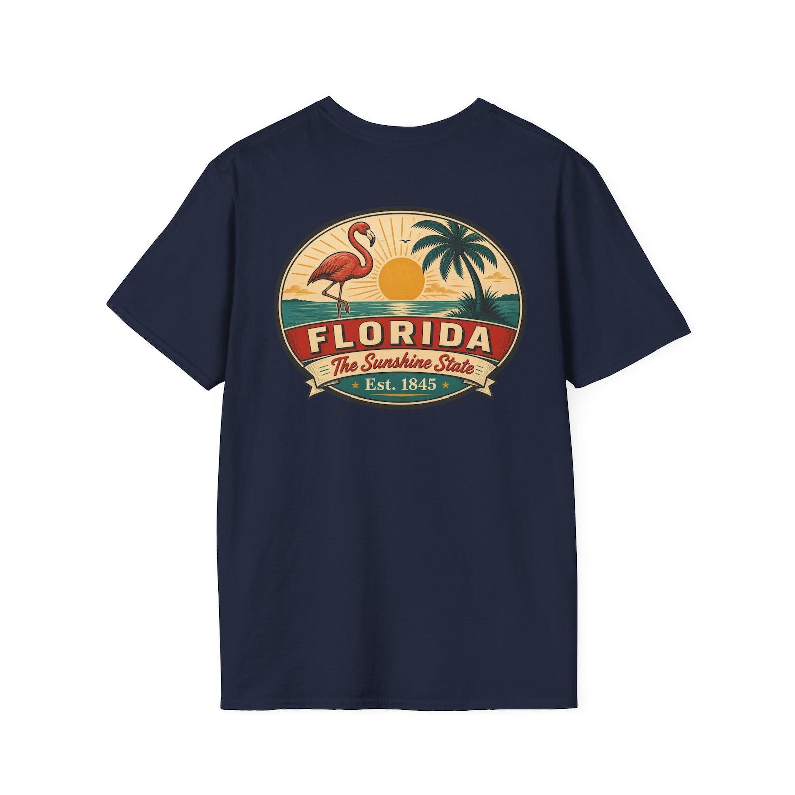 Florida Retro Travel Badge T-Shirt | Vintage Mid-Century Flamingo Sunset Tee | FL Sunshine State Souvenir Gift L