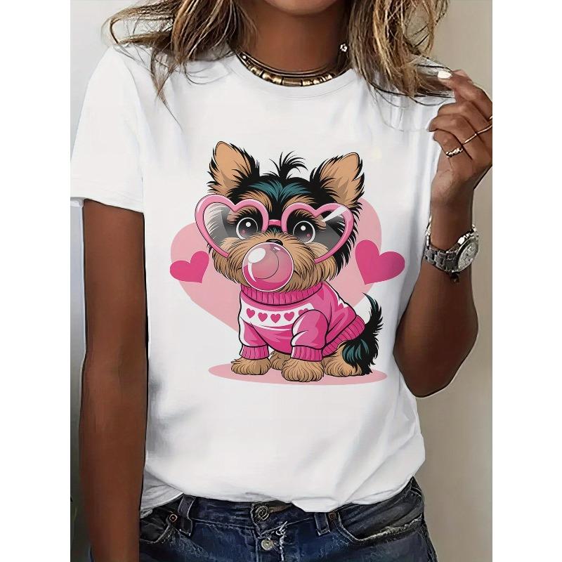 European Size Women's White Valentine's Day Yorkie Graphic T-Shirt - Loose Fit Short Sleeve Round Neck, Soft Stretchy