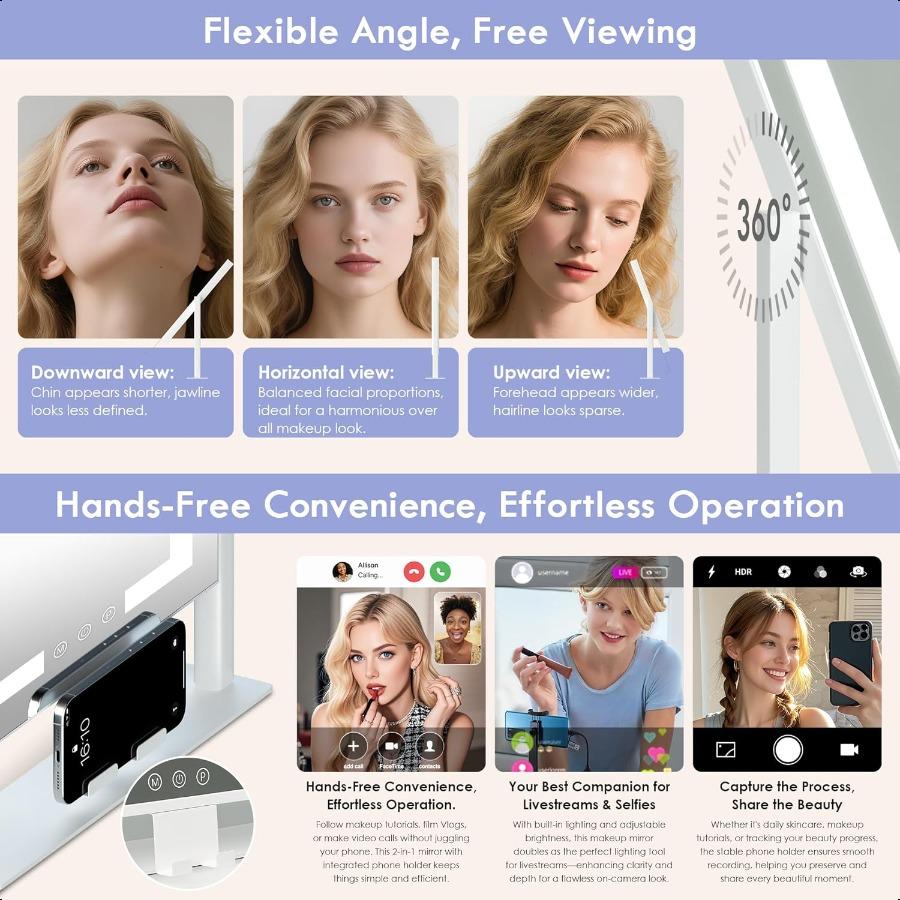 Makeup Mirror with Lights Vanity Mirror with 3 Lighting Modes Light Up Mirror Touch Sensor USB Powered 360 Rotatable Metal Fram