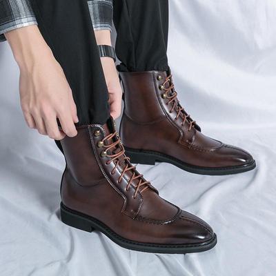 Męskie Modne Jesienne Skórzane Botki do Kostki Sznurowane ze Szpiczastym Noskiem - Duży Rozmiar Formalne i Codzienne Buty High-Top