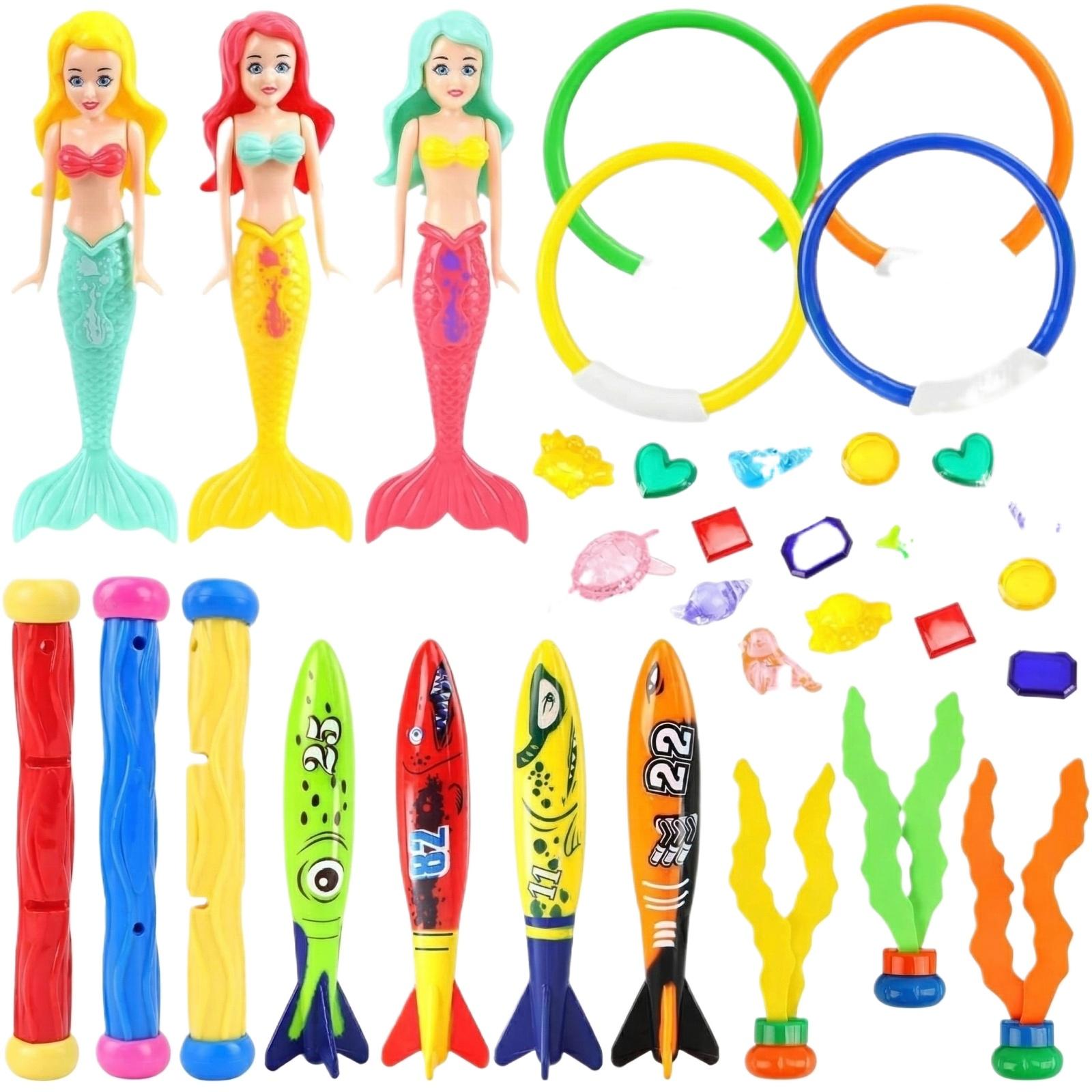 

Kids Diving Treasure Hunt Toy Set with Mermaid Figures Diving Rings Sticks Torpedoes Gems and Sea Animal Accessories for Pool Water Games One Size