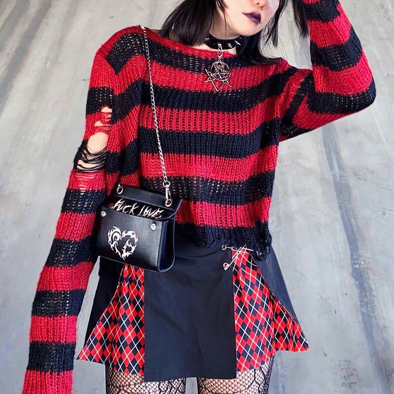 Unisex Punk Striped Gradient Ripped Knit Sweater