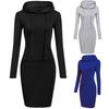 Casual Solid Color Long Sleeve Bodycon Hoodies Women Hooded Knee Length Dress