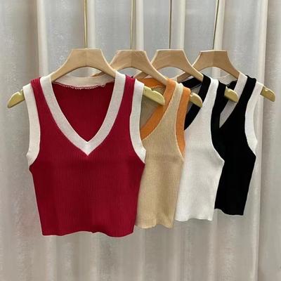 Sommer Neuer Amerikanischer Retro College Stil Farbkontrast Süß und Würzig Kurz V-Ausschnitt mit einem Kleinen Westen-Top mit Neckholder