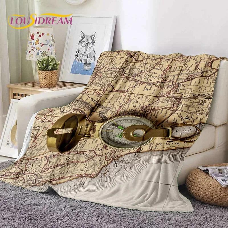 Mappa del Mondo di Carta Nautica Antica 3D Bussola Morbida Coperta in Flanella per Letti Camera da Letto Divano Picnic, Coperta da Lancio per Esterni Tempo Libero