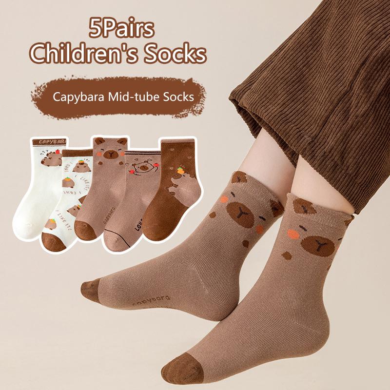 5Pairs Cartoon Capybara Print Mid-Tube Socks Breathable Soft Casual Socks Unisex Autumn Winter Coffee Keep Warm Mid-Tube Socks