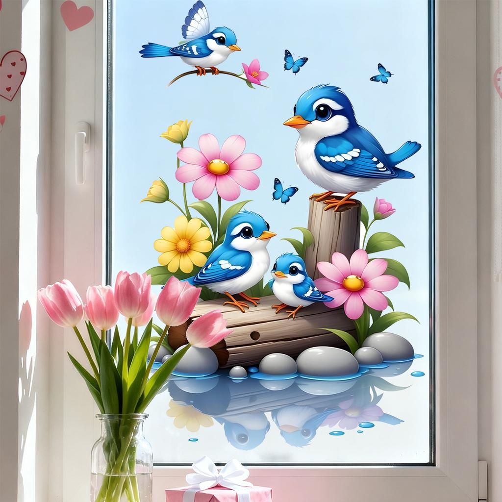 Watercolor Bluebird Flower Static Cling Window Sticker No Residue for Living Room French Window Decor