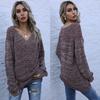 Vintage Fashion Elegant Casual Autumn Women's Mid-length Mixed Color Long-sleeved Loose V-neck Sweater