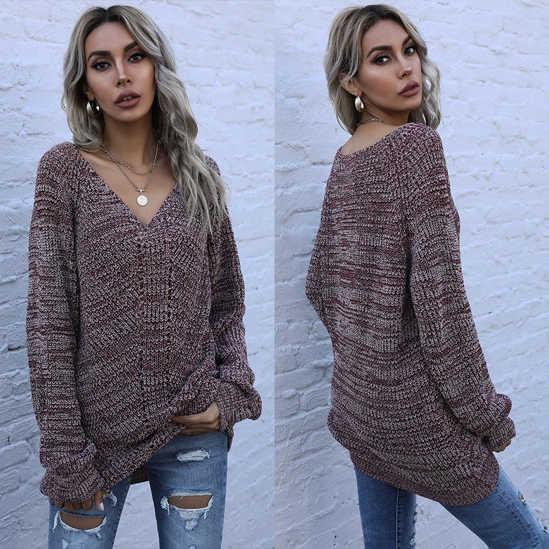 Vintage Fashion Elegant Casual Autumn Women's Mid-length Mixed Color Long-sleeved Loose V-neck Sweater