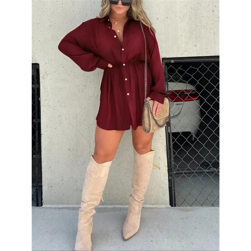 European And American New Products Ladies Solid Color Long-sleeved Shirt One-piece V-neck Button Shirt Pants Large Size Loose Casual