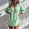 women's Casual Lapel Long Sleeve Oversized Mid Length Shirt Solid Color Linen Blouse Beach Cover Up