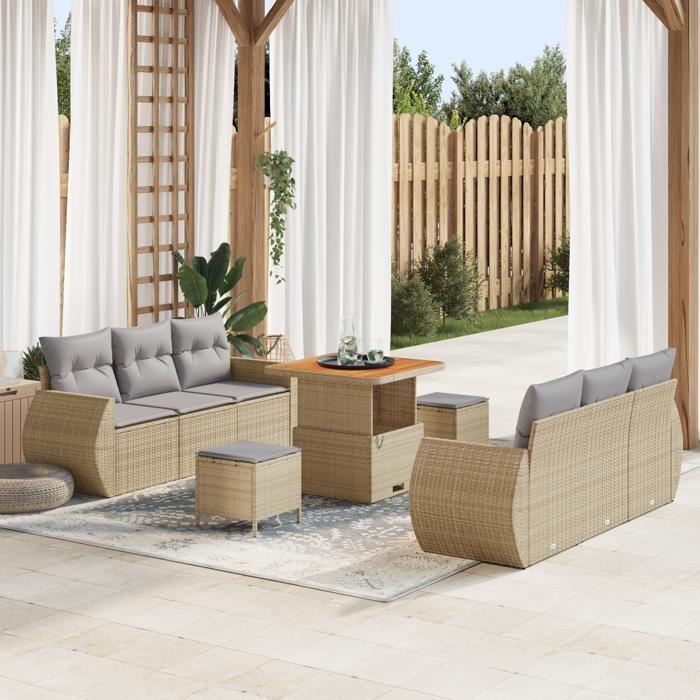 VidaXL Ensemble de Canapé de Jardin 9 Pièces avec Coussins Beige Rattan Poly Acacia 3361827