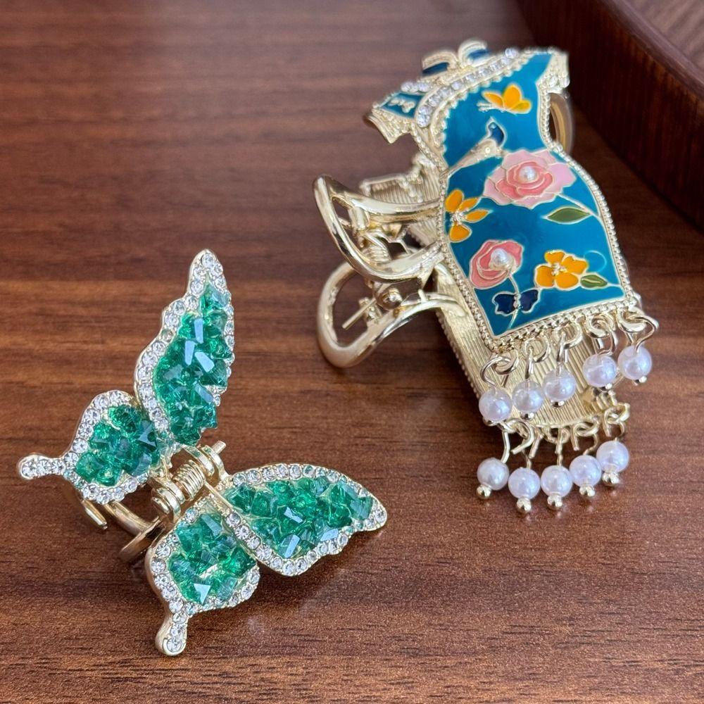 enamel Chinese Style Hair Claw Pearl Metal Shark Clip Cheongsam Design Hair Clip  Girls