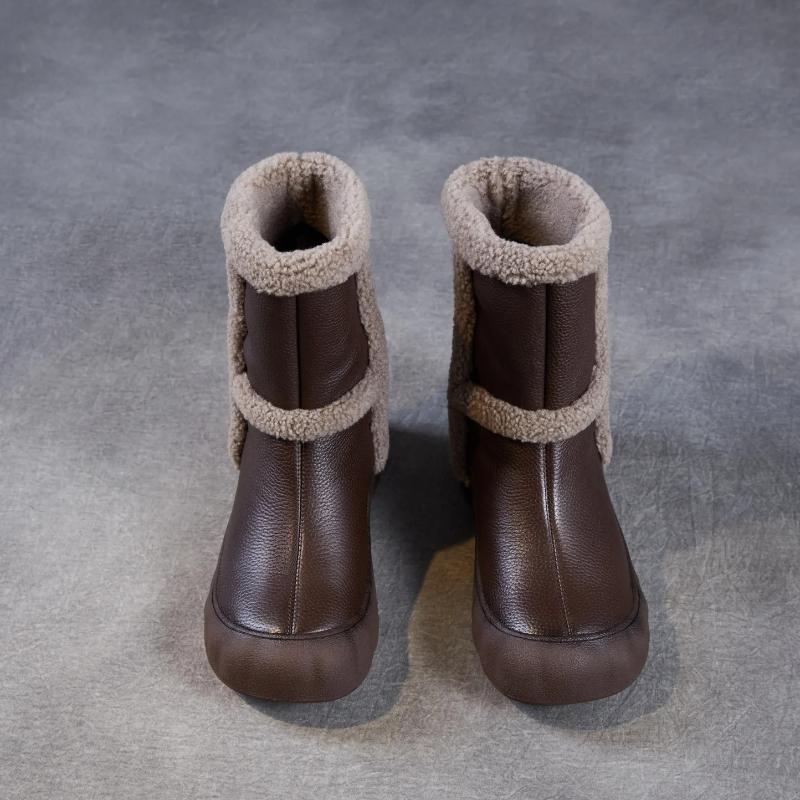 Johnature Genuine Leather Plush Thickened Women's Mid-calf Boots Casual Soft Soled Warm Cotton Shoes