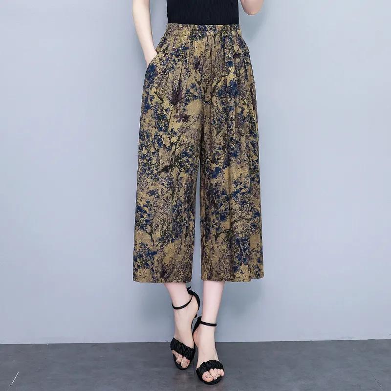 Pantalones Casuales Sueltos de Siete Minutos de Pierna Ancha de Cintura Alta para Mujer de Verano para Mujeres de Mediana Edad y Mayores Finos Cómodos
