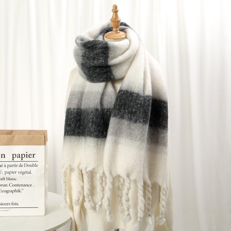 New Maillard Striped Thick Tassel Big Braid Plush Scarf Winter Warm Thickened Lazy Student Scarf